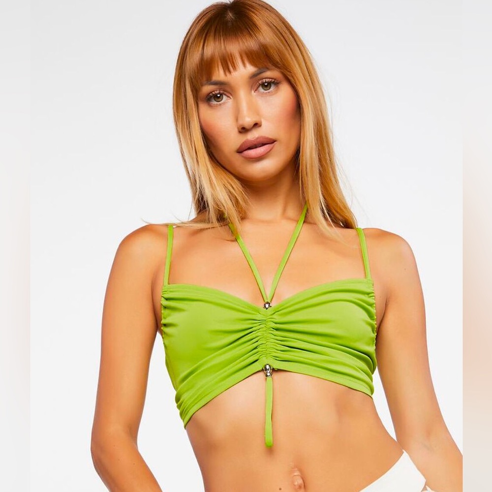 Forever 21 F21 Lime Green Apple Cinched Beaded Cropped Cami Top - S